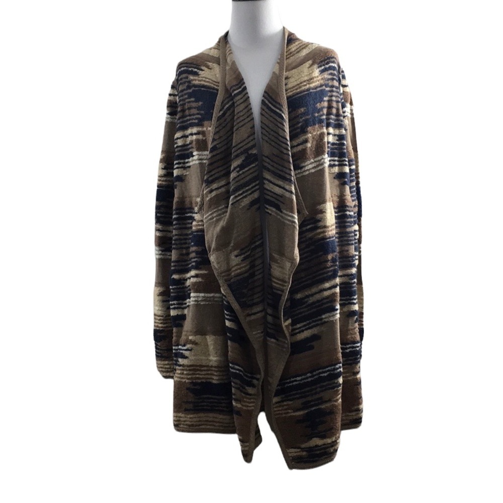 Lucky Brand Tan Blue Aztec Knit Cardigan Sweater‎ Womens Small Drape Front Boho